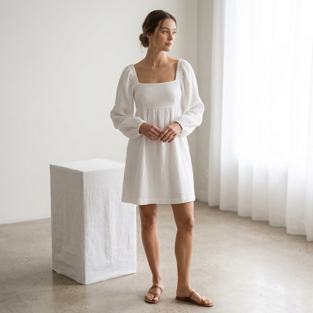 White Textured Gauze Long Sleeve Mini Dress Square Neck Empire Waist Smocked
